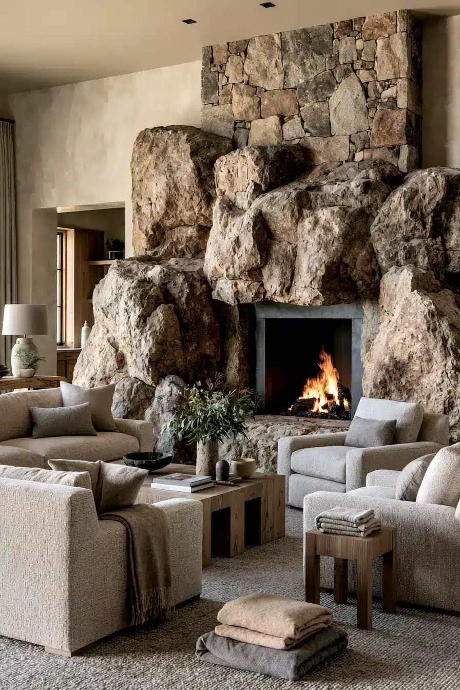 29 Rustic Stone Fireplace Ideas with a Stacked Fieldstone Surround