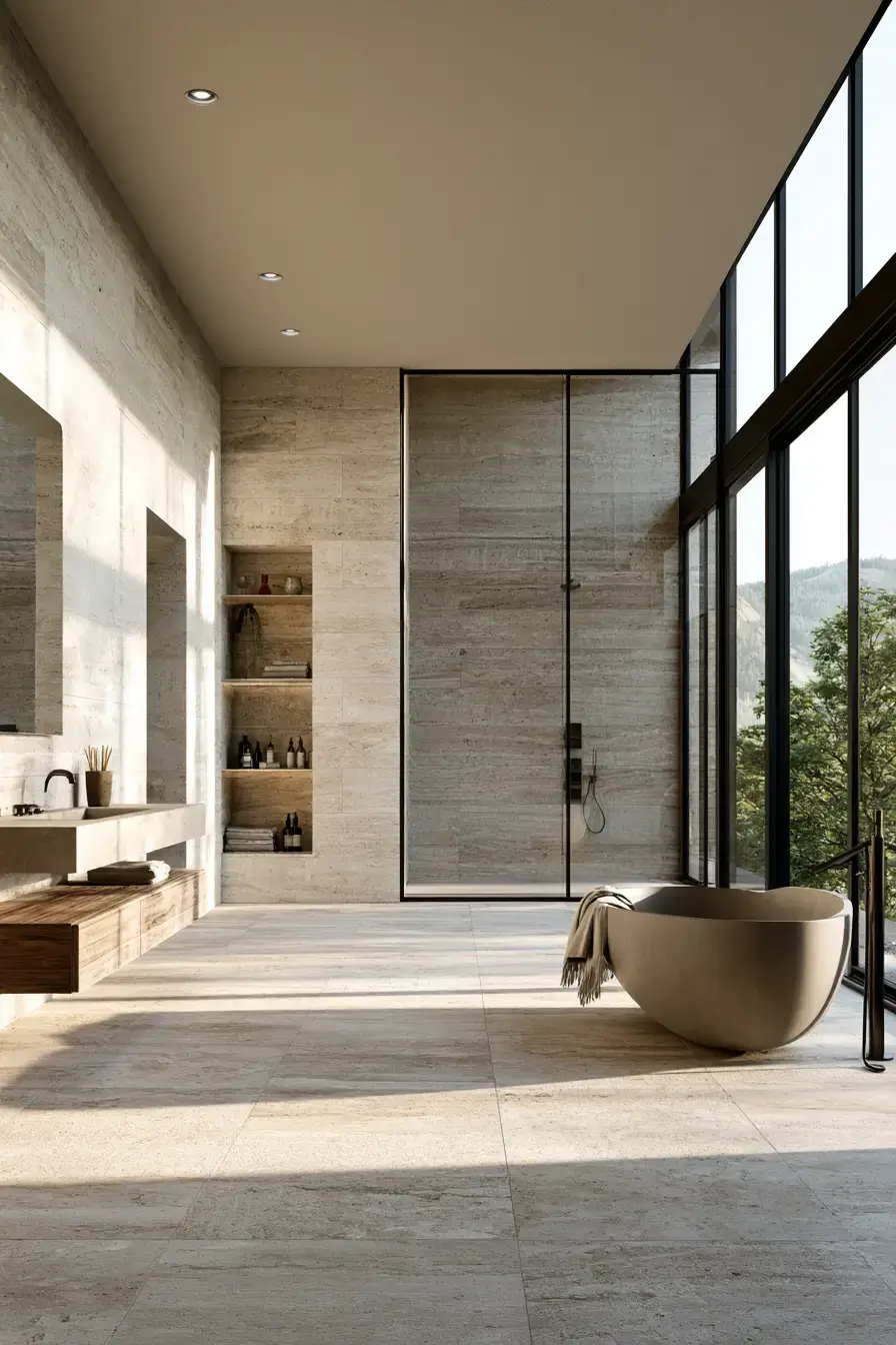 29 Natural Stone Bathroom Ideas with a Travertine Wall