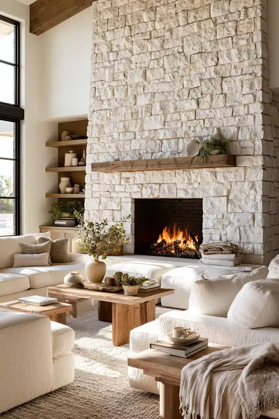 29 White Stone Fireplace Ideas for a Hearth That Stays Light white stone fireplace