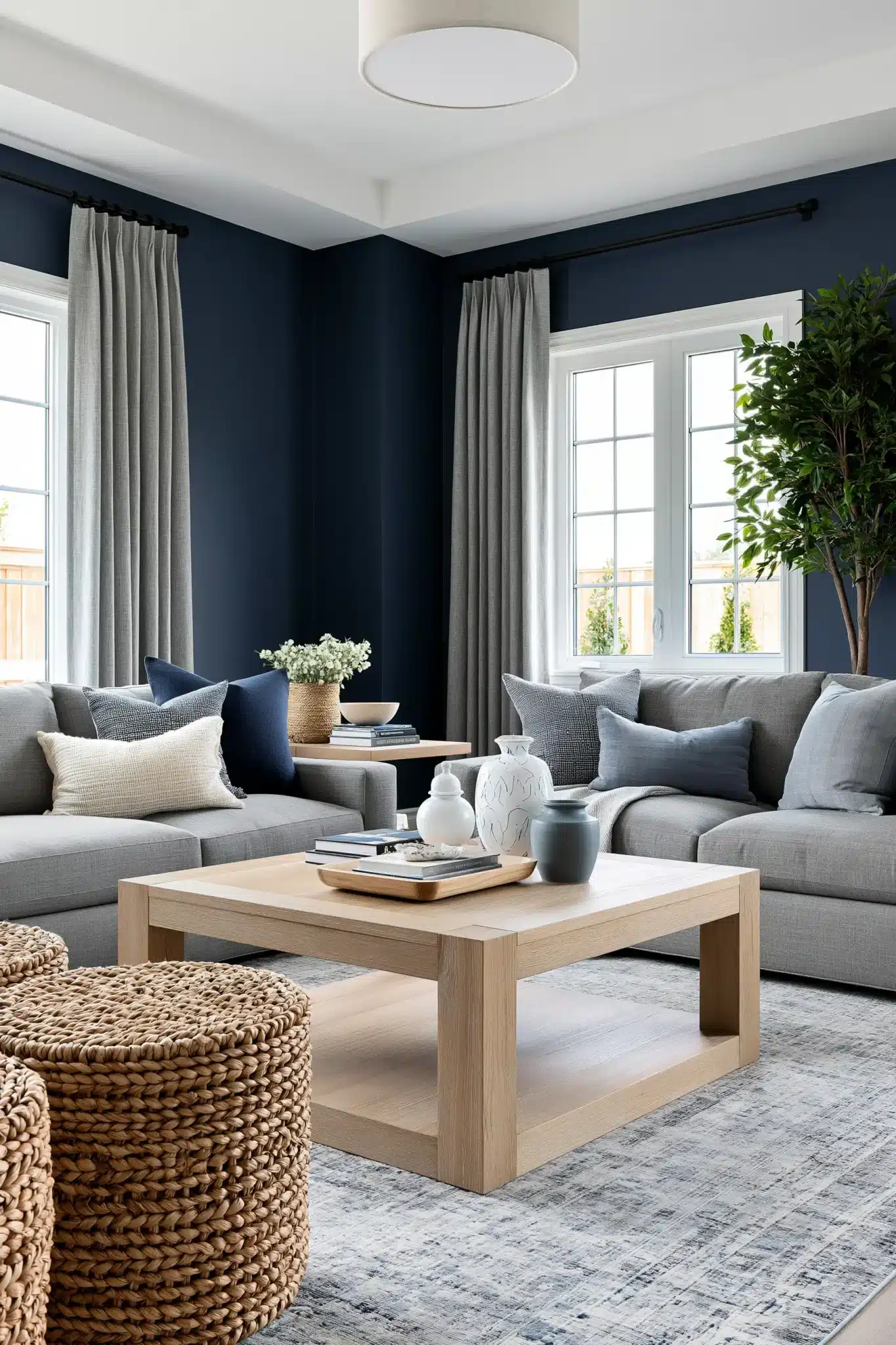 navy blue and grey living room