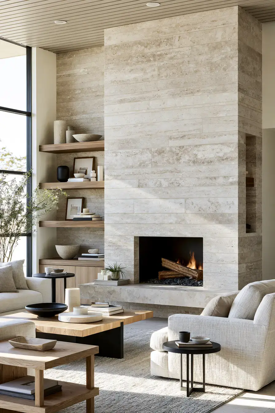 white stone fireplace