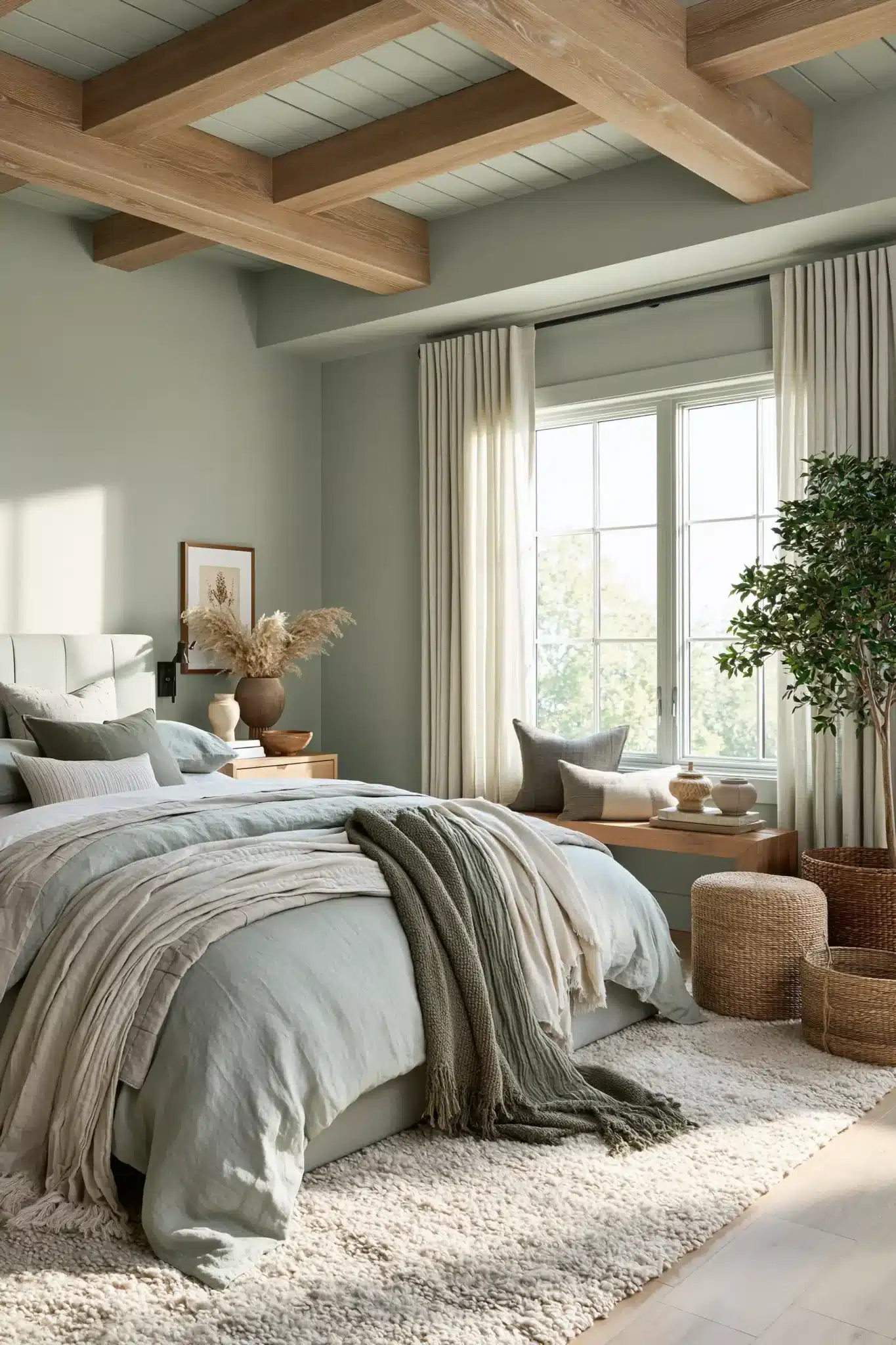 sage green and grey bedroom