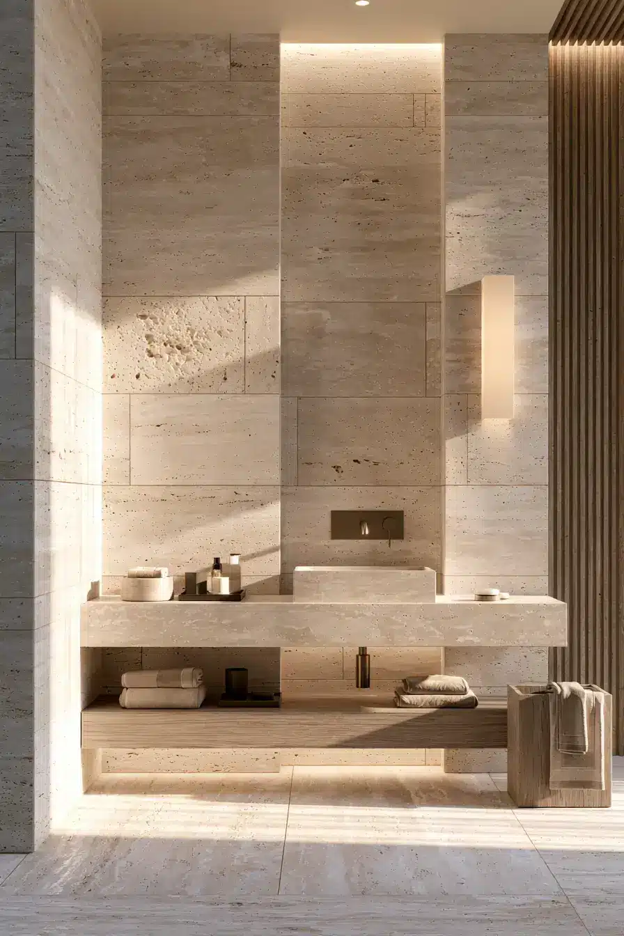 29 Natural Stone Bathroom Ideas with a Travertine Wall
