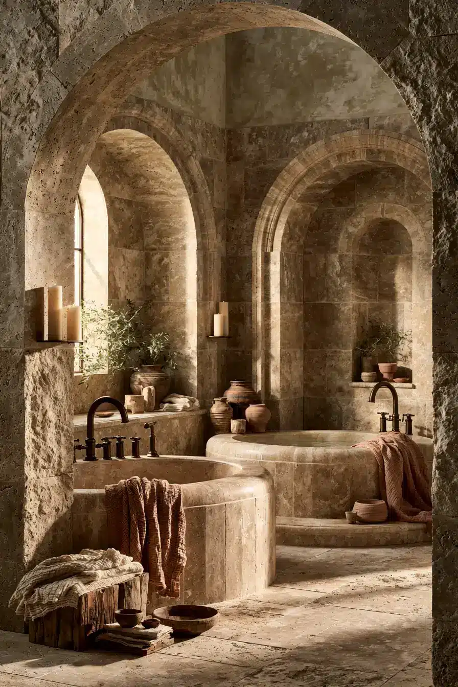 29 Natural Stone Bathroom Ideas with a Travertine Wall