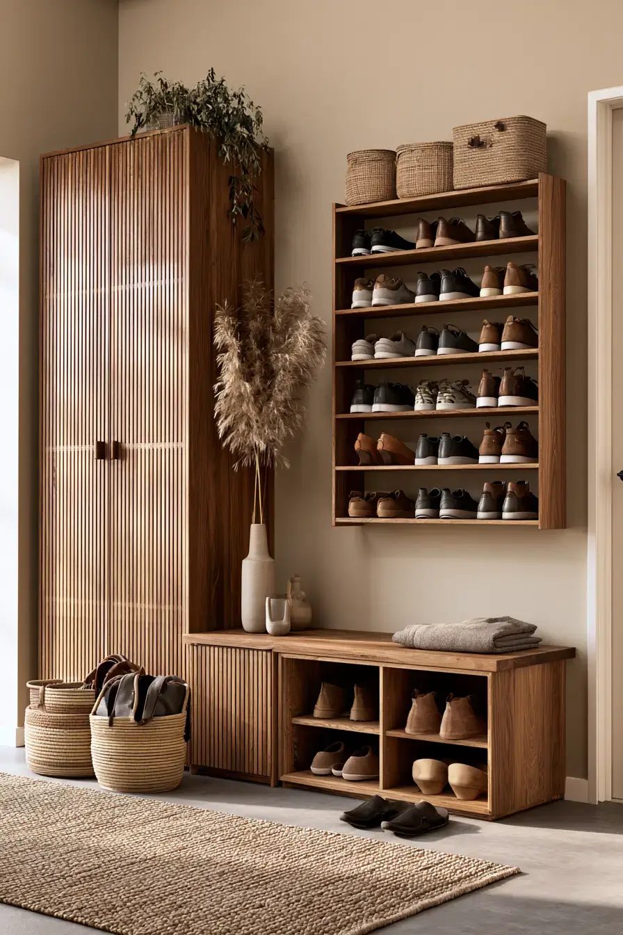 29 Japandi Entryway Ideas with a Wood Bench and Tray