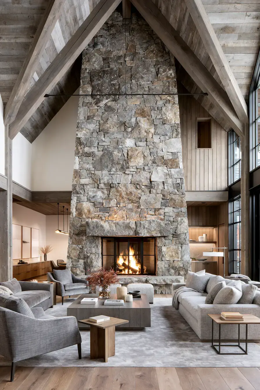 29 Rustic Stone Fireplace Ideas with a Stacked Fieldstone Surround