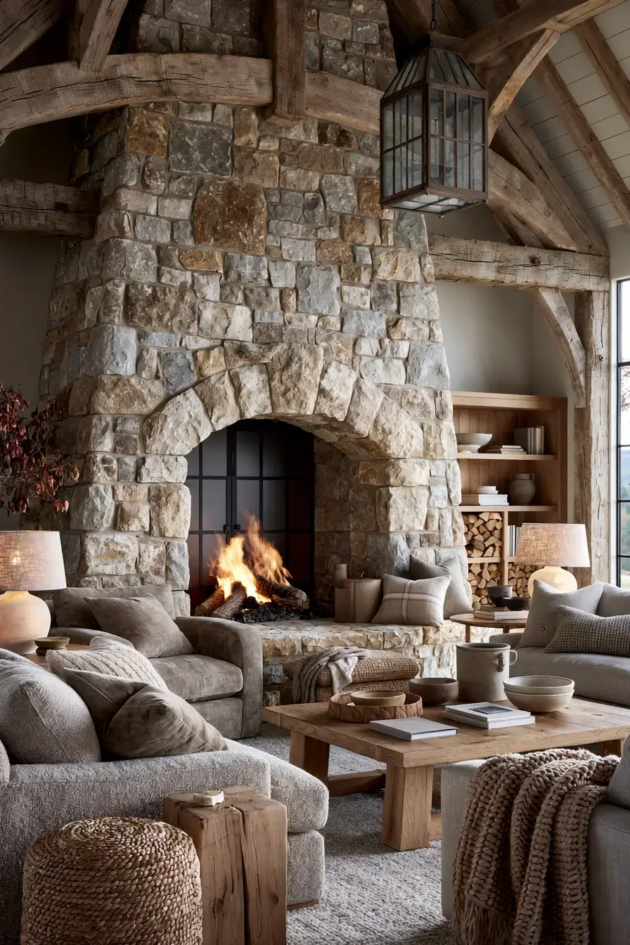 29 Rustic Stone Fireplace Ideas with a Stacked Fieldstone Surround