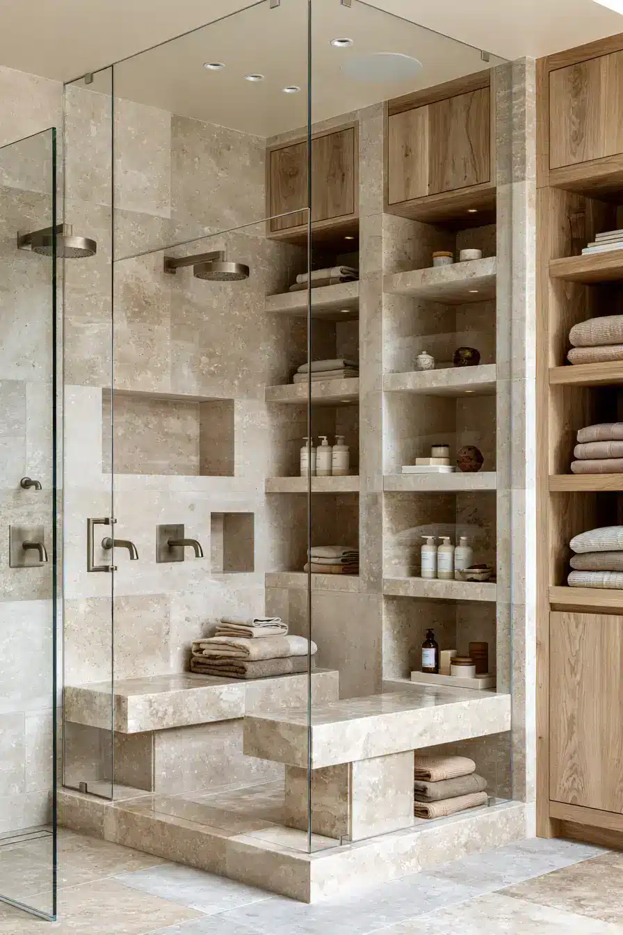 29 Natural Stone Bathroom Ideas with a Travertine Wall