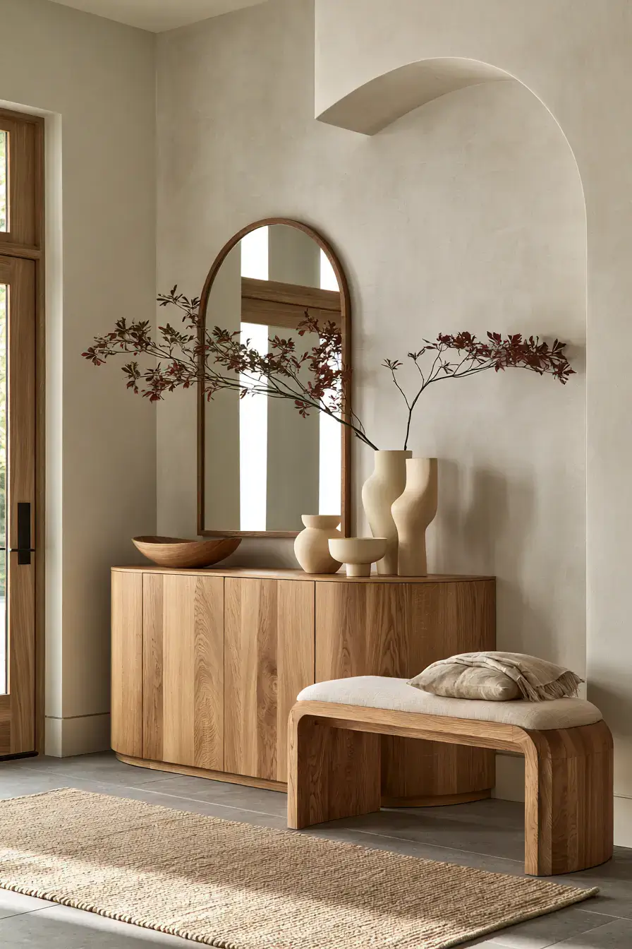 29 Japandi Entryway Ideas with a Wood Bench and Tray