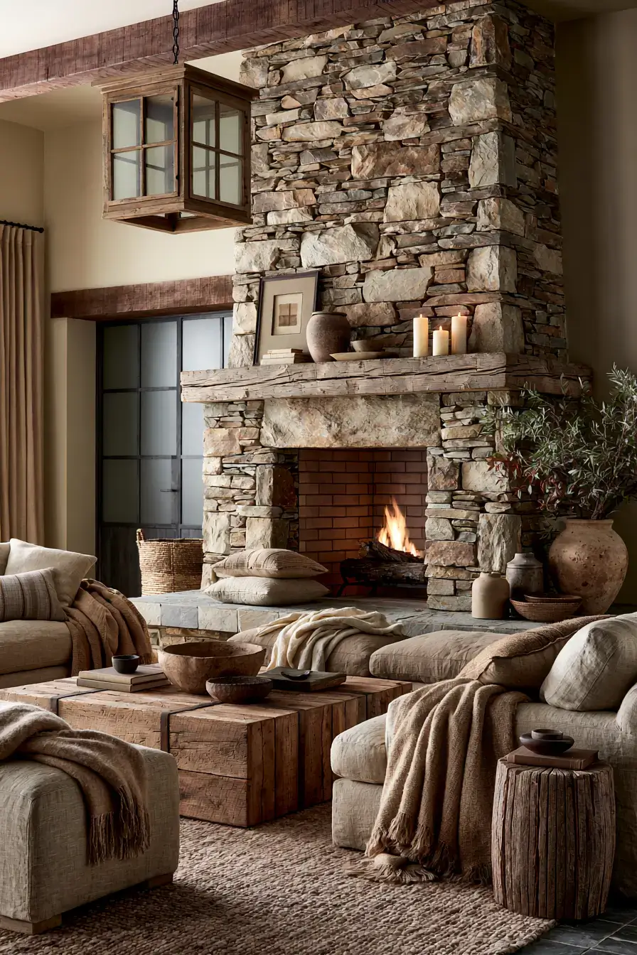 29 Rustic Stone Fireplace Ideas with a Stacked Fieldstone Surround