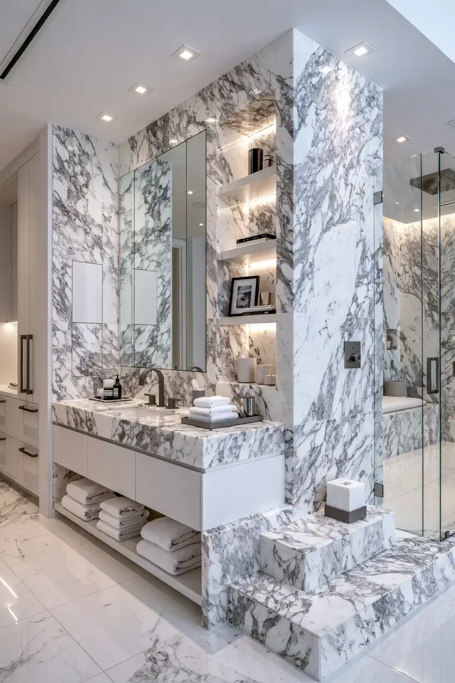 29 Natural Stone Bathroom Ideas with a Travertine Wall