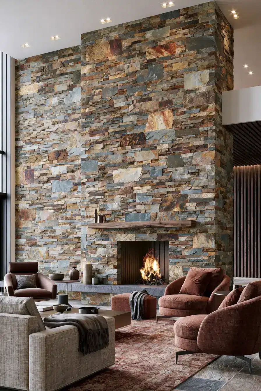 29 Rustic Stone Fireplace Ideas with a Stacked Fieldstone Surround