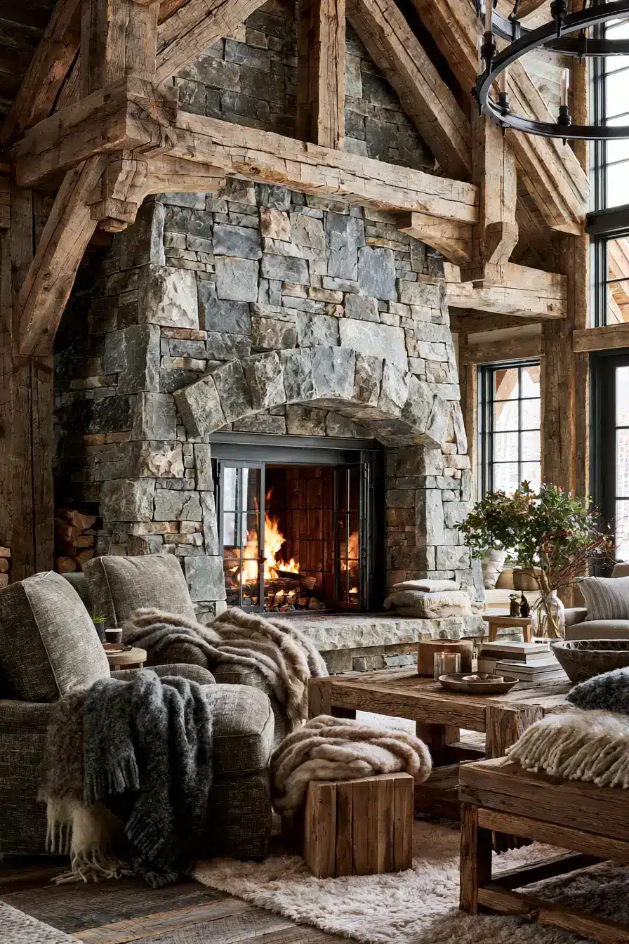 29 Rustic Stone Fireplace Ideas with a Stacked Fieldstone Surround