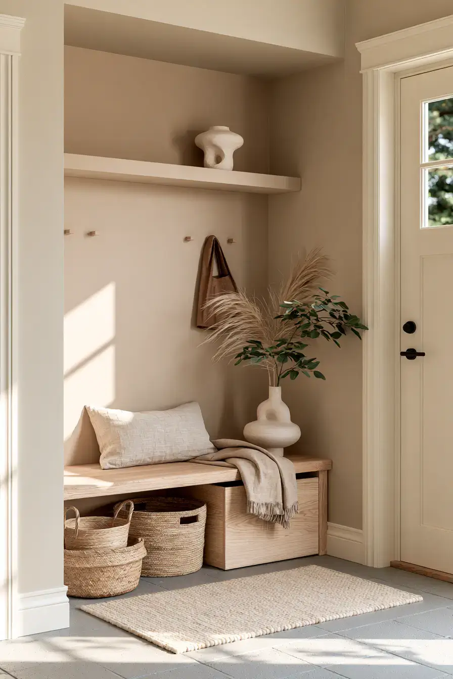 29 Japandi Entryway Ideas with a Wood Bench and Tray