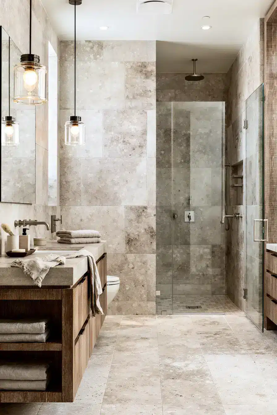 29 Natural Stone Bathroom Ideas with a Travertine Wall