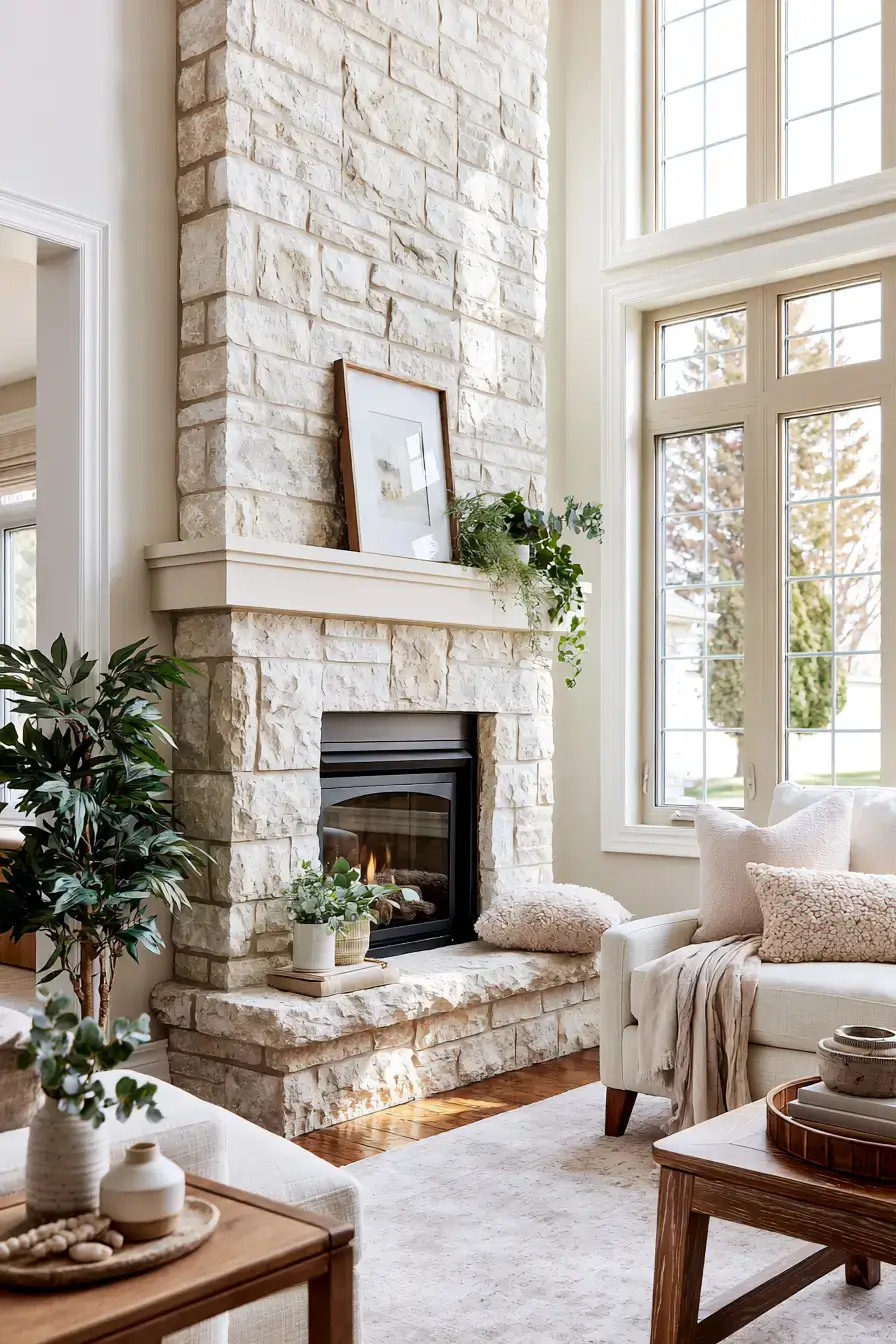 29 White Stone Fireplace Ideas for a Hearth That Stays Light white stone fireplace
