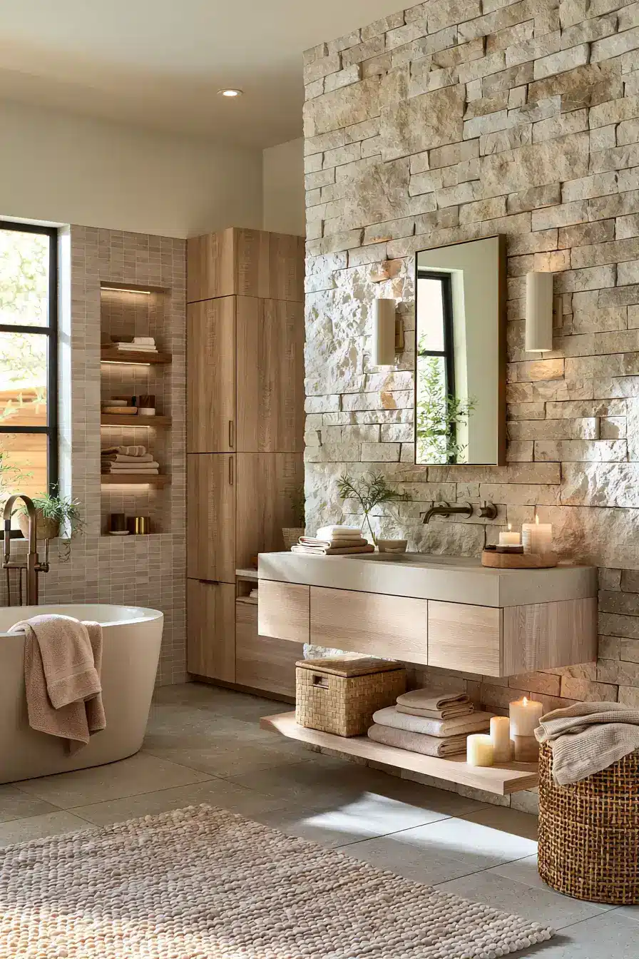 29 Natural Stone Bathroom Ideas with a Travertine Wall