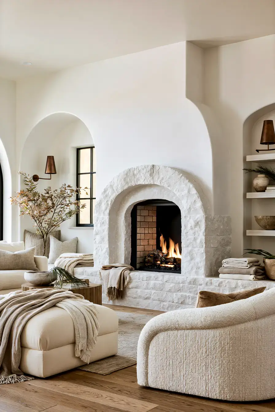 29 White Stone Fireplace Ideas for a Hearth That Stays Light white stone fireplace