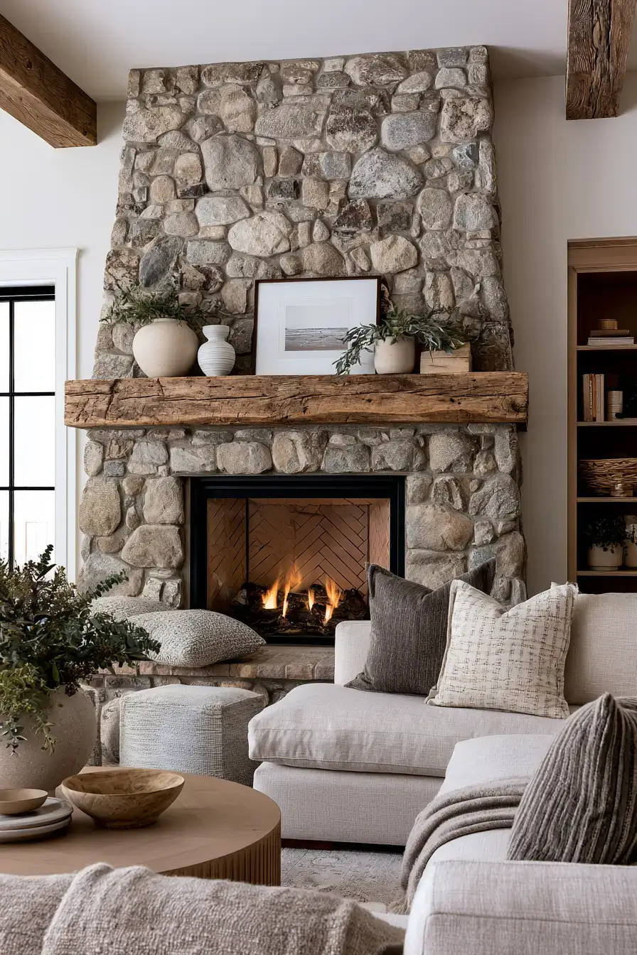 29 Rustic Stone Fireplace Ideas with a Stacked Fieldstone Surround