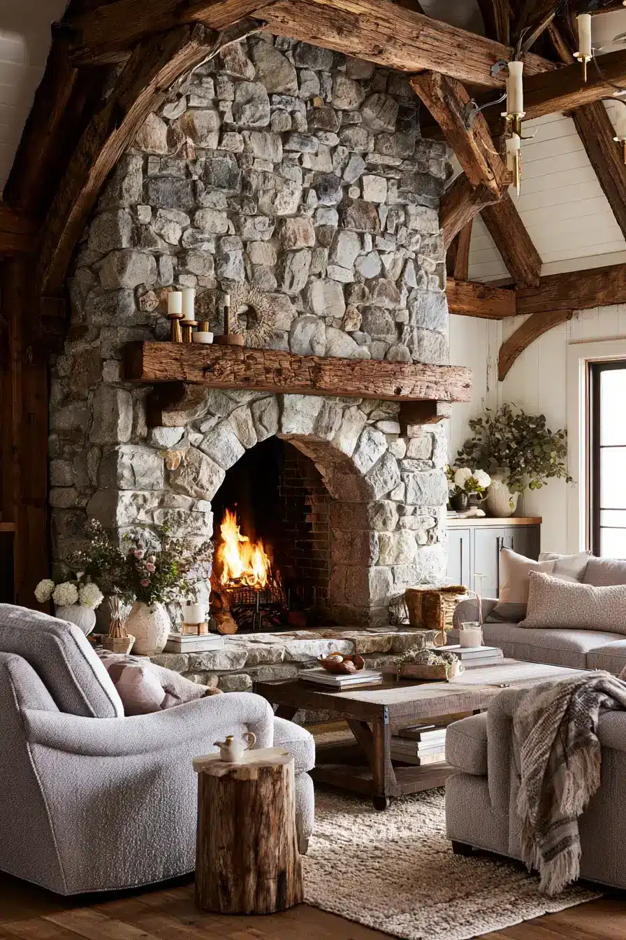 29 Rustic Stone Fireplace Ideas with a Stacked Fieldstone Surround