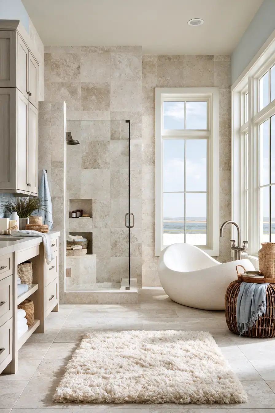 29 Natural Stone Bathroom Ideas with a Travertine Wall