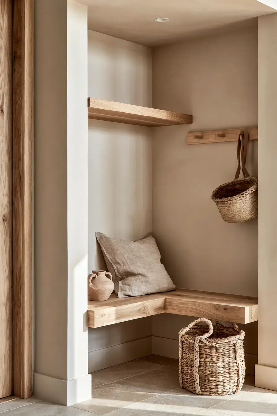 29 Japandi Entryway Ideas with a Wood Bench and Tray