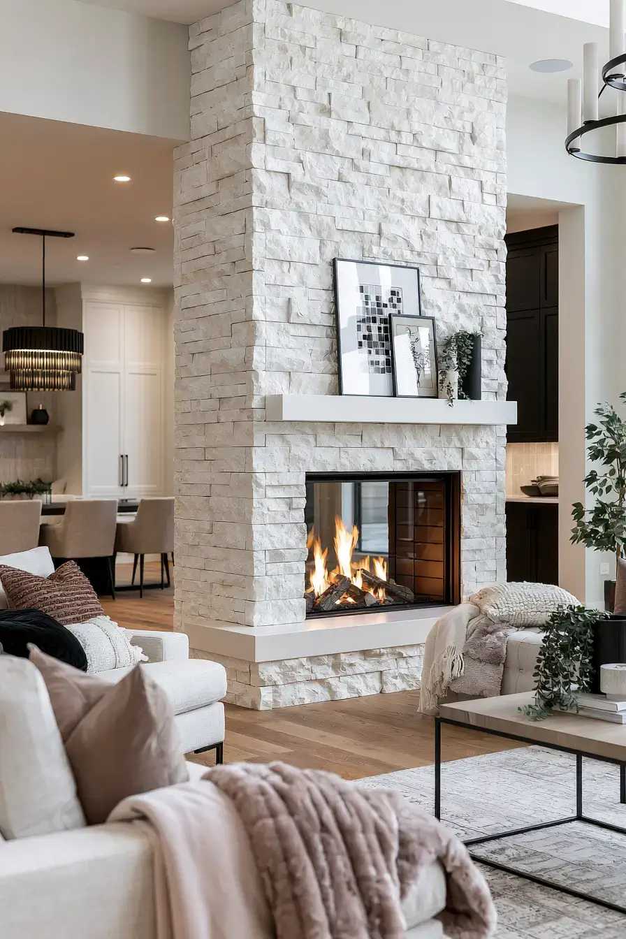 29 White Stone Fireplace Ideas for a Hearth That Stays Light white stone fireplace