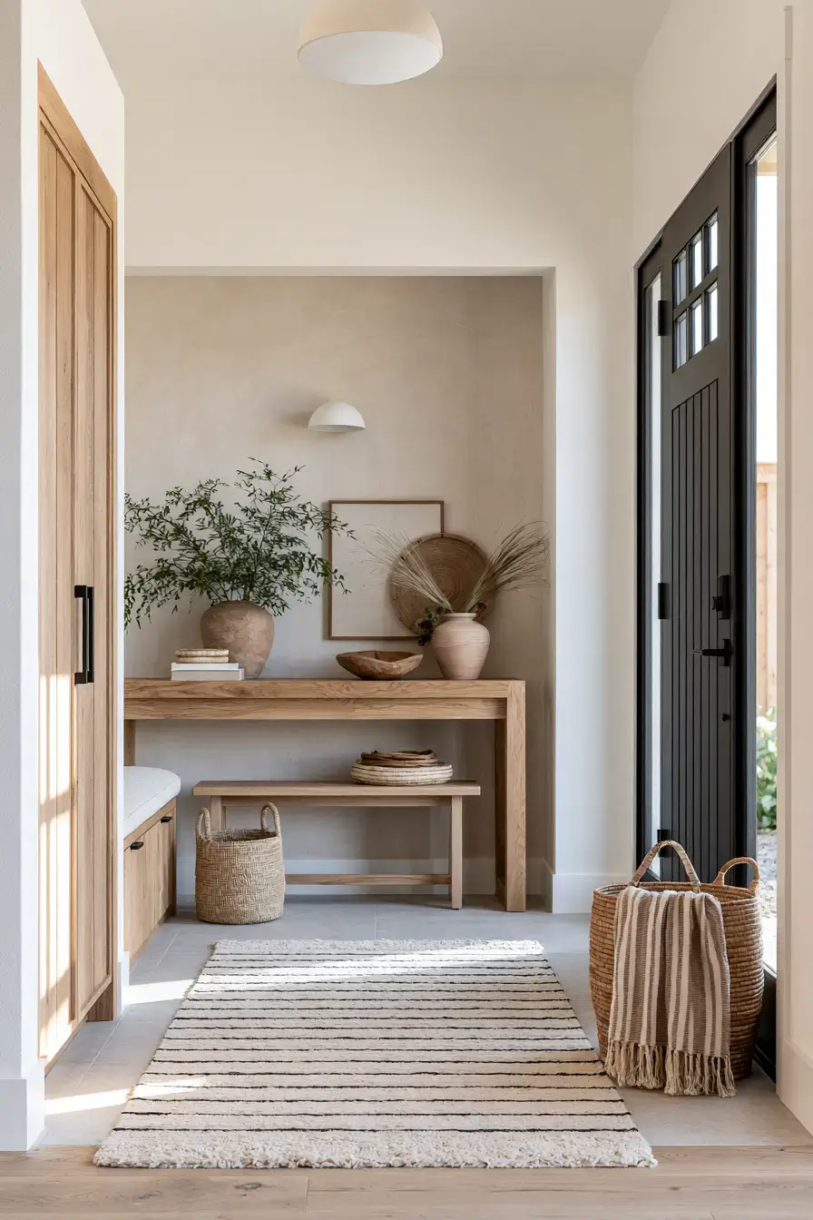 29 Japandi Entryway Ideas with a Wood Bench and Tray