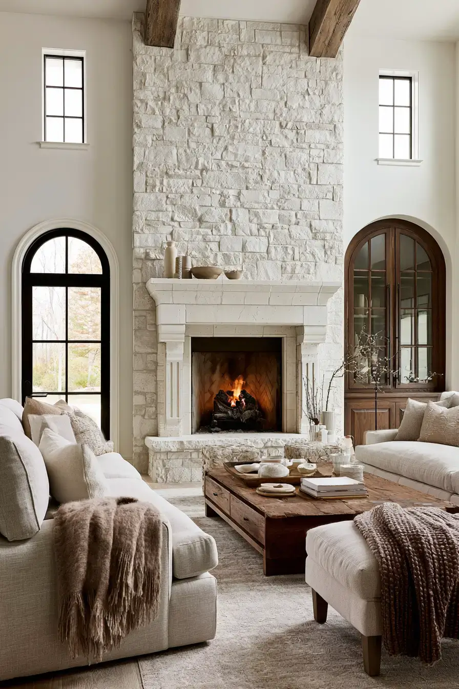 29 White Stone Fireplace Ideas for a Hearth That Stays Light white stone fireplace