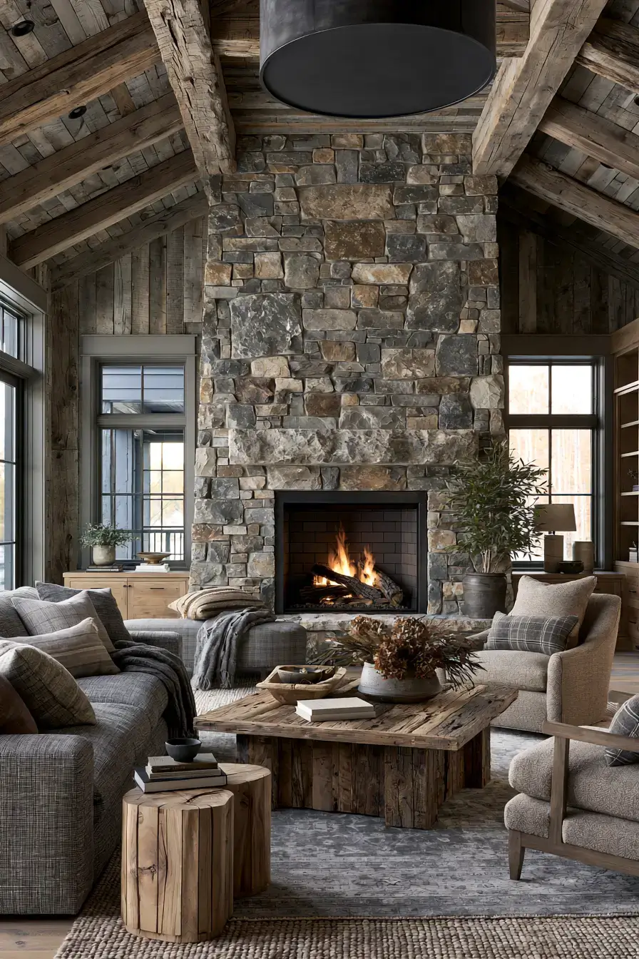 29 Rustic Stone Fireplace Ideas with a Stacked Fieldstone Surround