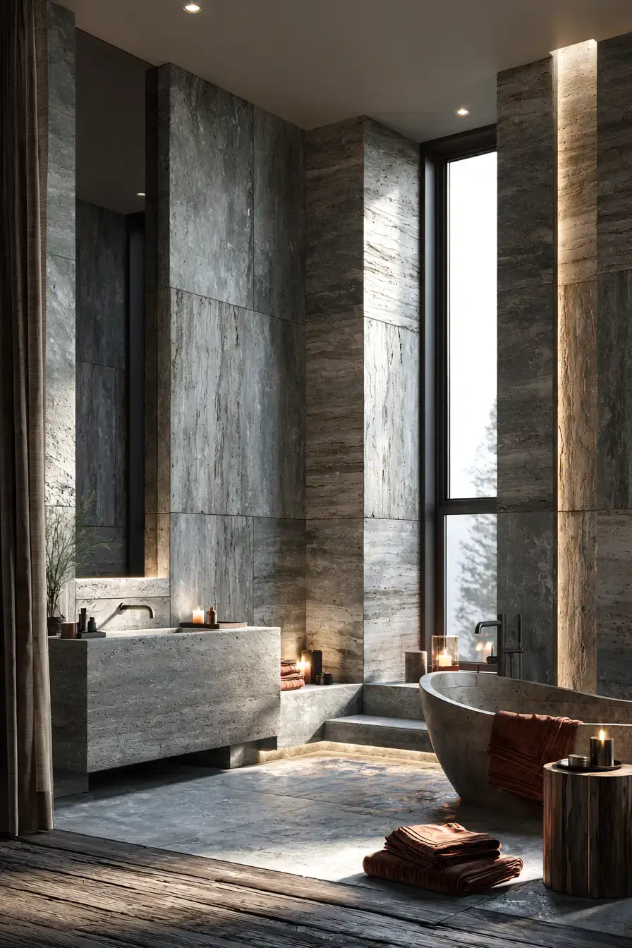 29 Natural Stone Bathroom Ideas with a Travertine Wall