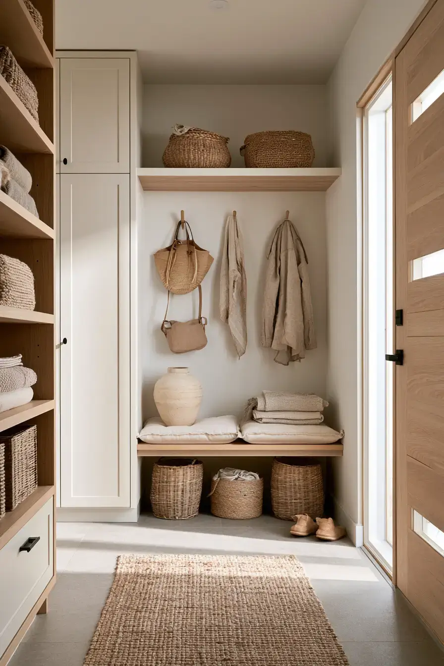29 Japandi Entryway Ideas with a Wood Bench and Tray
