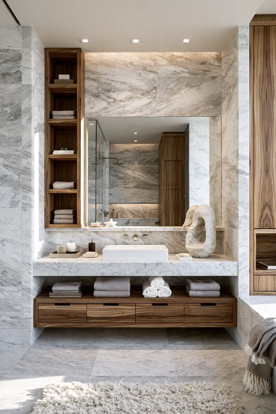 29 Natural Stone Bathroom Ideas with a Travertine Wall