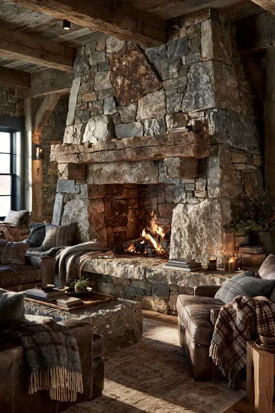 29 Rustic Stone Fireplace Ideas with a Stacked Fieldstone Surround