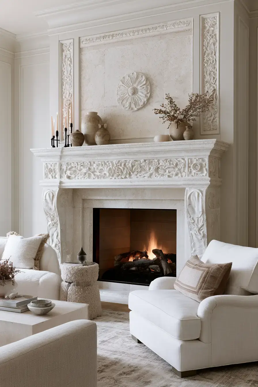 29 White Stone Fireplace Ideas for a Hearth That Stays Light white stone fireplace