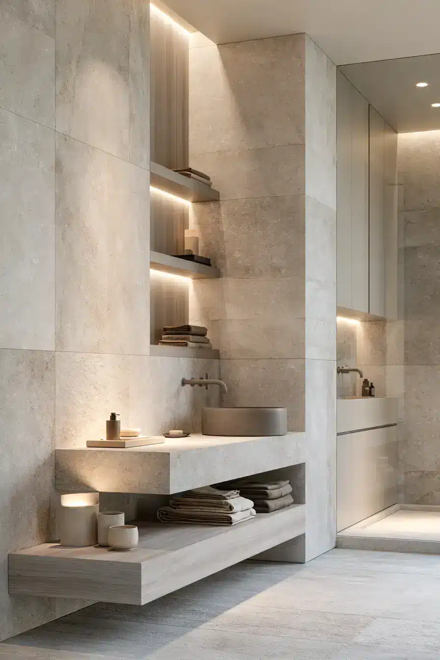 29 Natural Stone Bathroom Ideas with a Travertine Wall