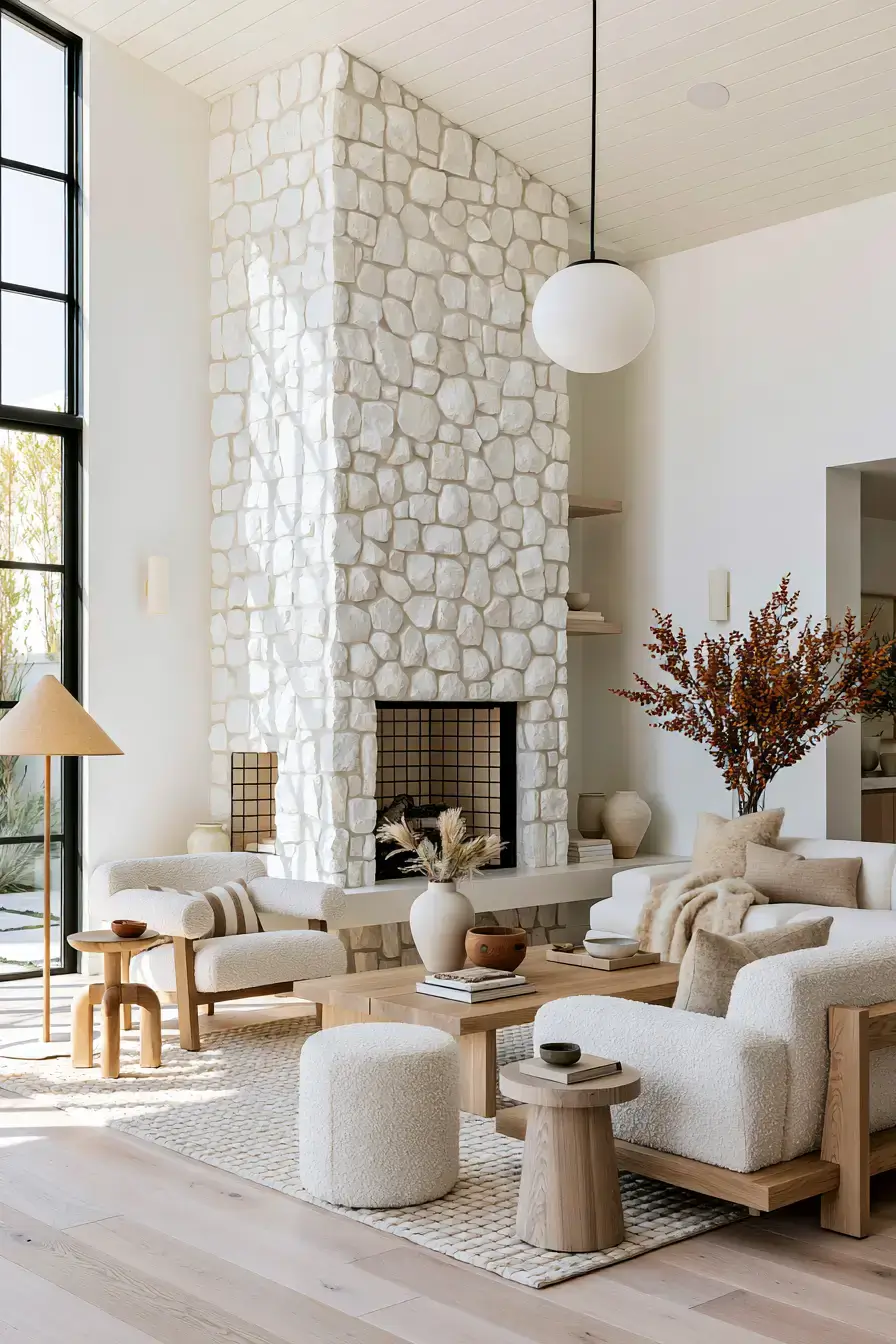 29 White Stone Fireplace Ideas for a Hearth That Stays Light white stone fireplace