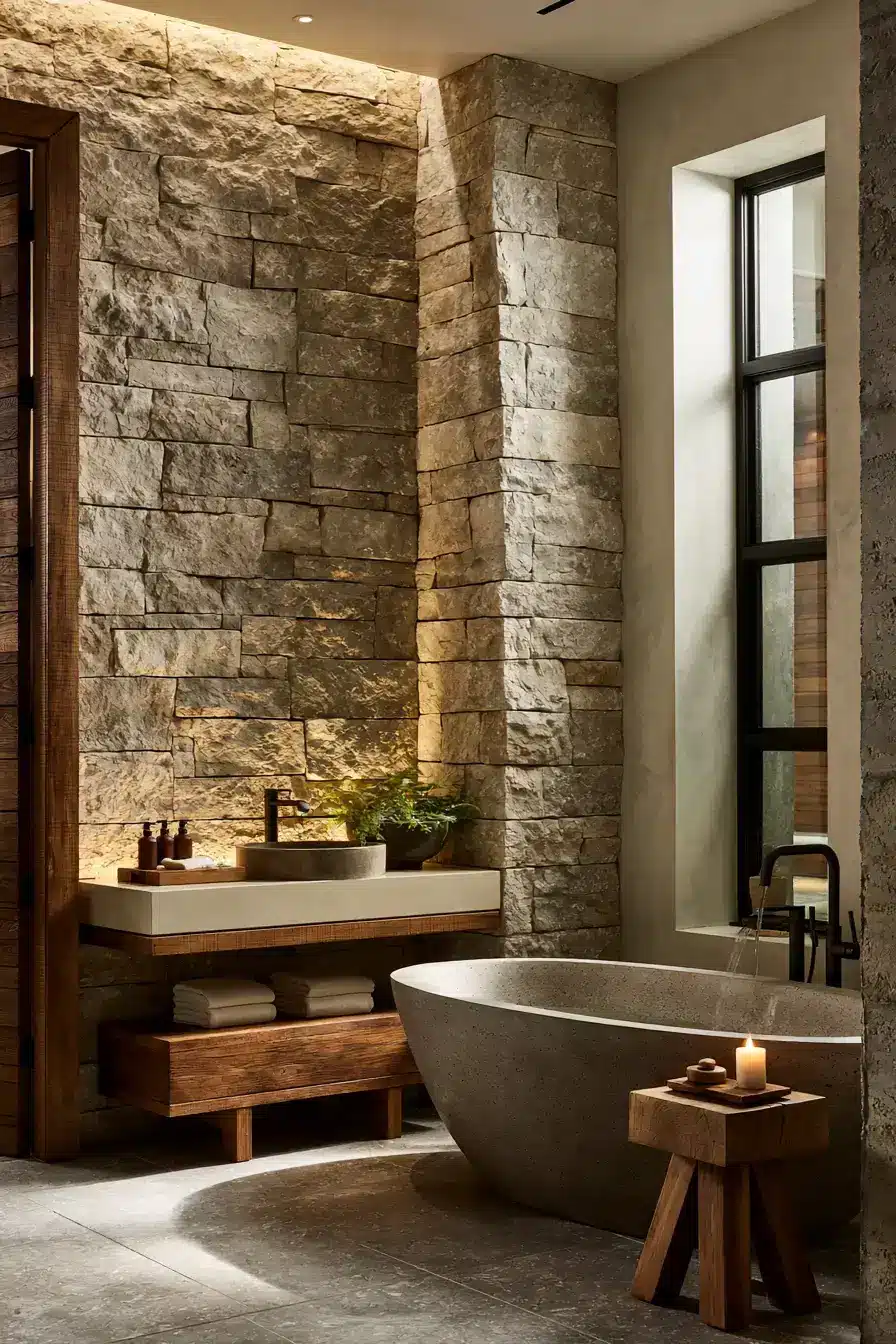 29 Natural Stone Bathroom Ideas with a Travertine Wall