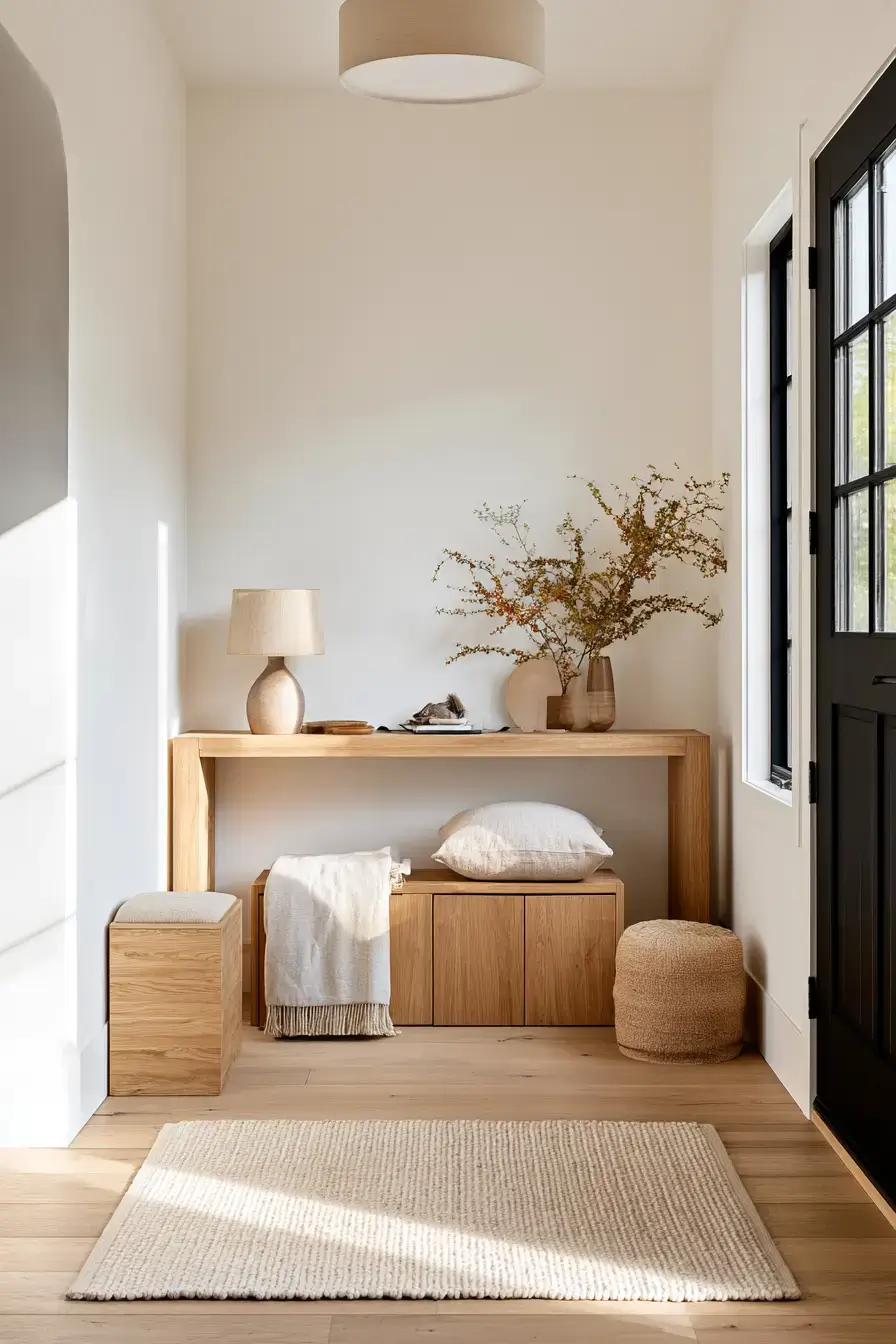 29 Japandi Entryway Ideas with a Wood Bench and Tray