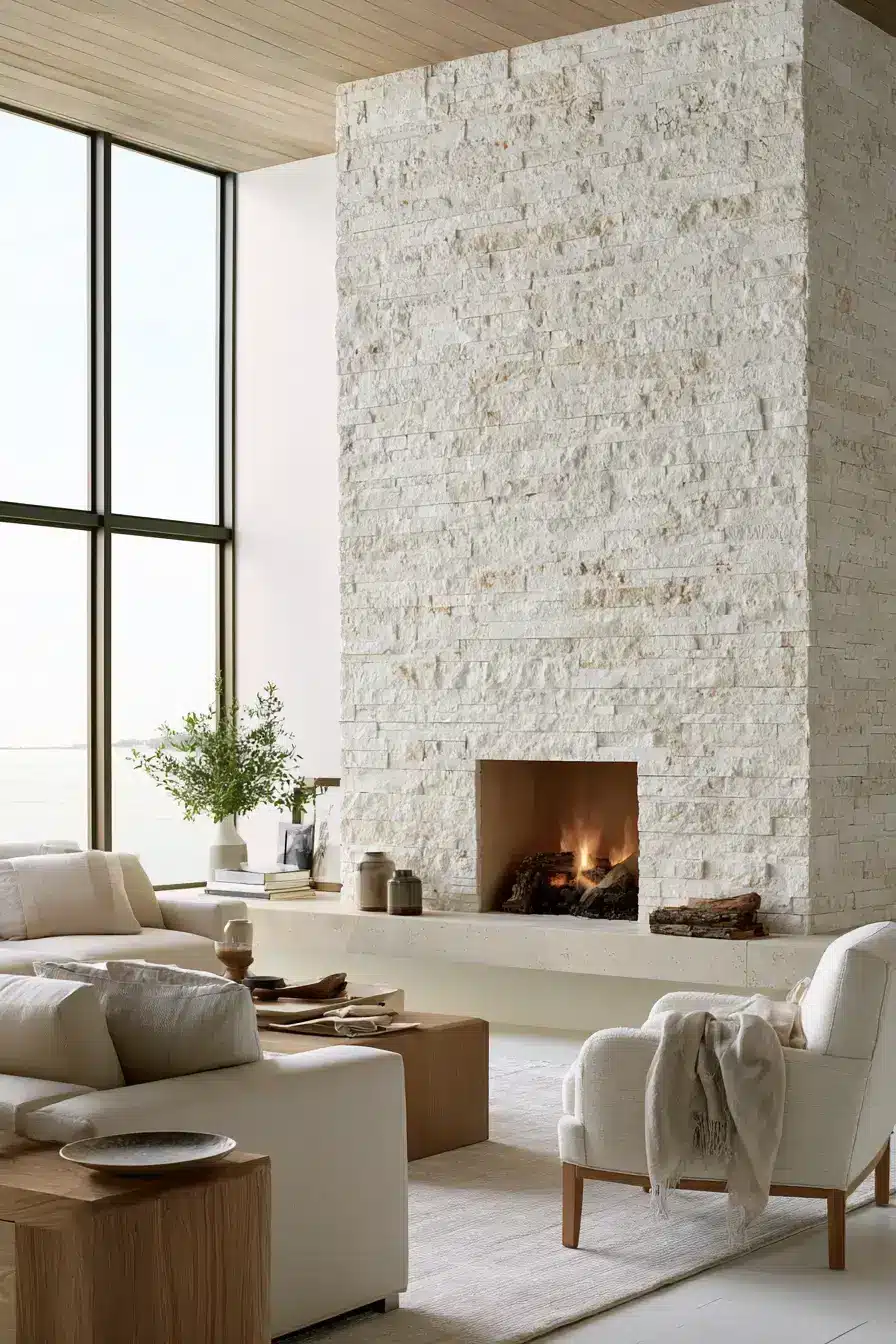 29 White Stone Fireplace Ideas for a Hearth That Stays Light white stone fireplace