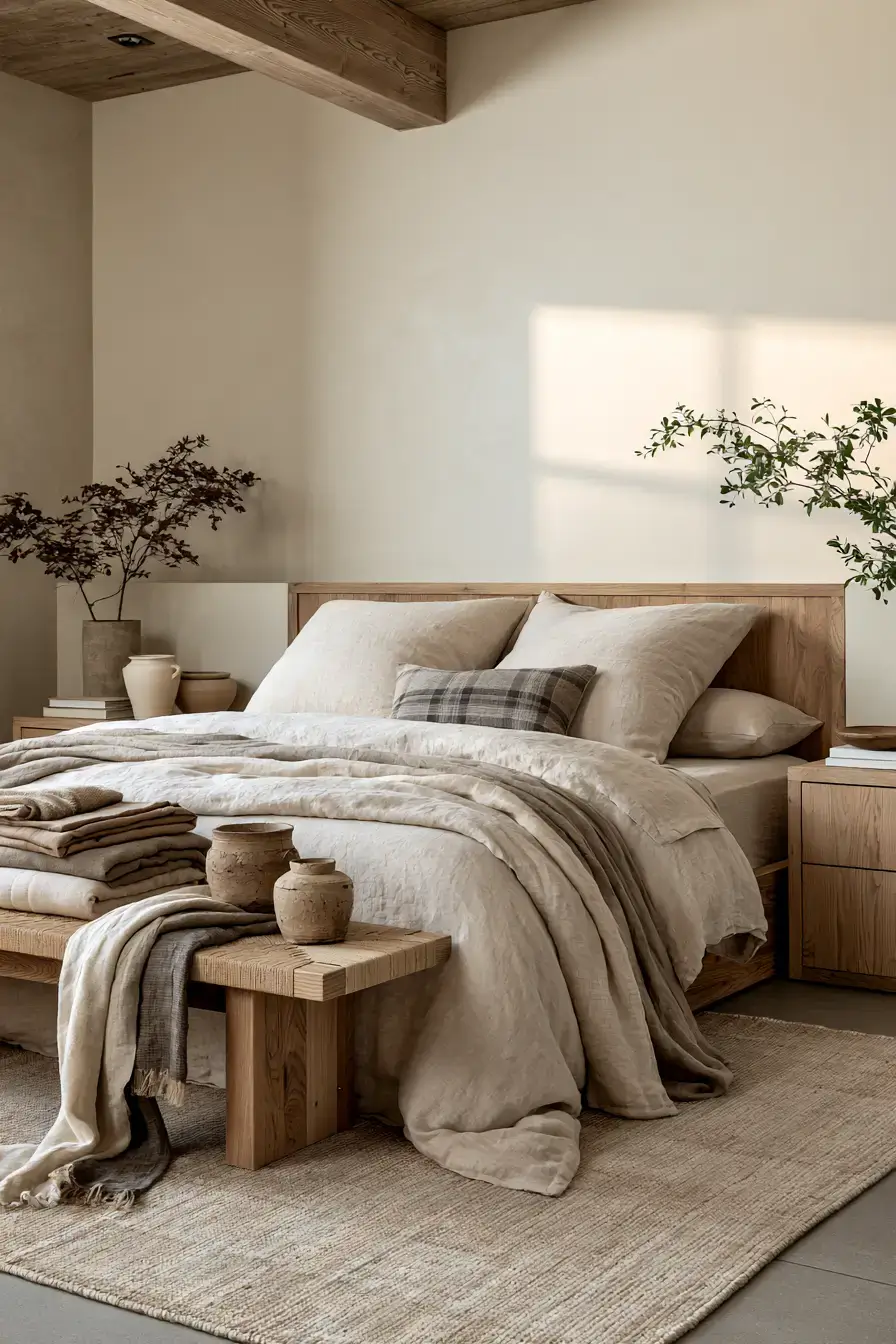 29 Japandi Style Bedroom Ideas with a Linen Platform Bed