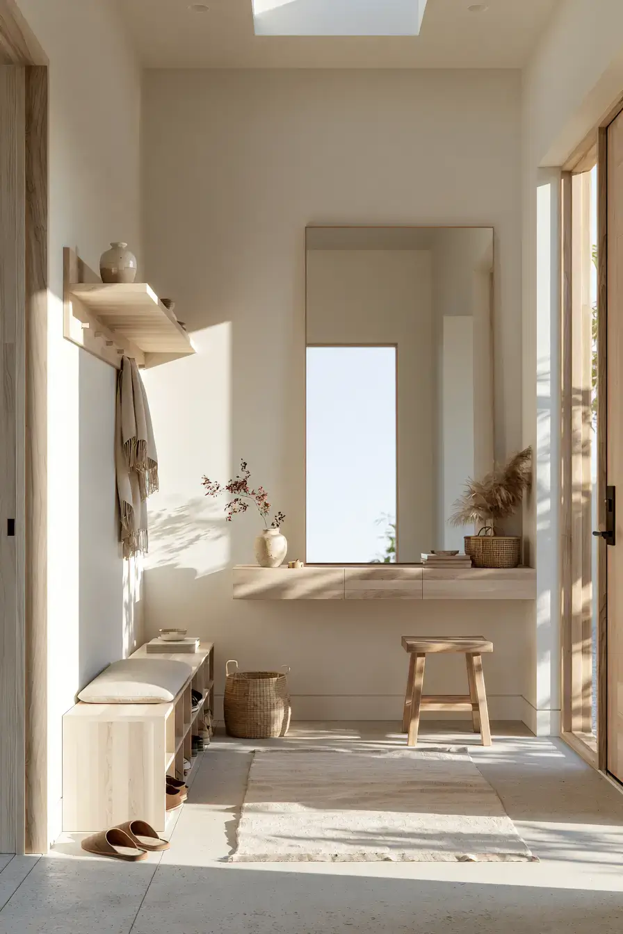29 Japandi Entryway Ideas with a Wood Bench and Tray
