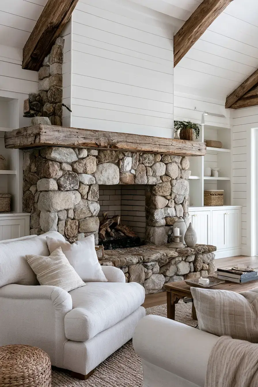 29 Rustic Stone Fireplace Ideas with a Stacked Fieldstone Surround