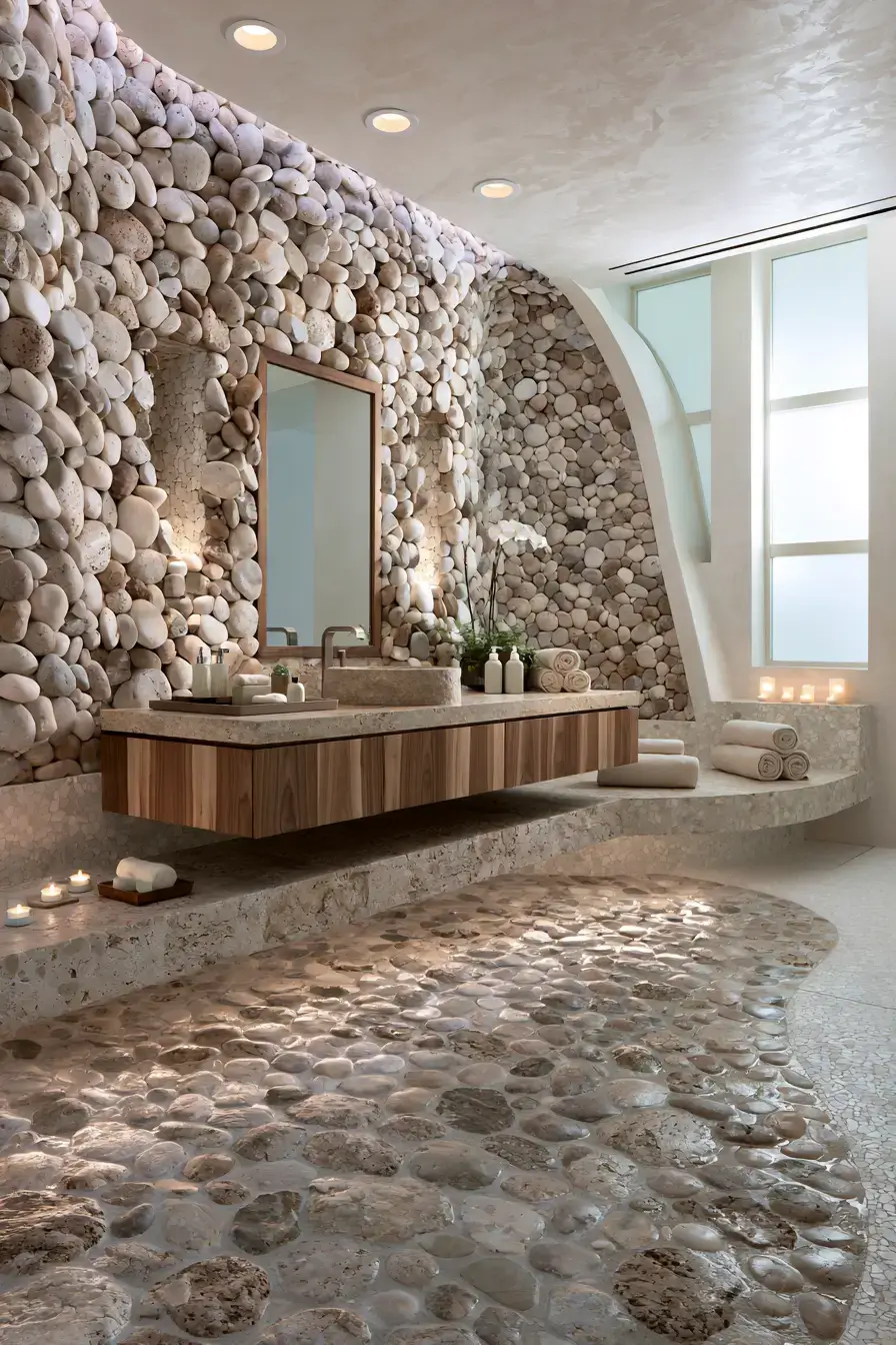 29 Natural Stone Bathroom Ideas with a Travertine Wall