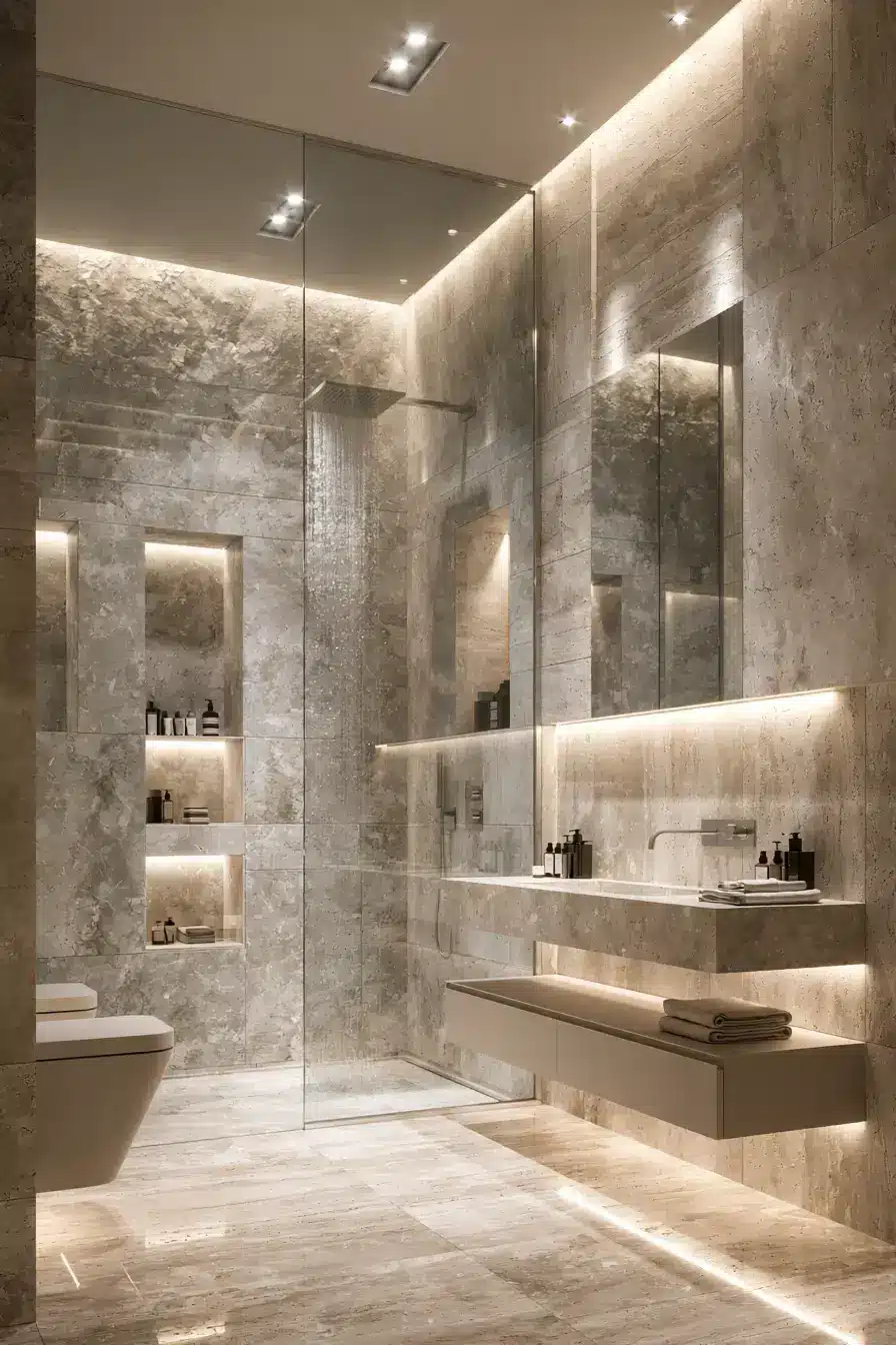 29 Natural Stone Bathroom Ideas with a Travertine Wall