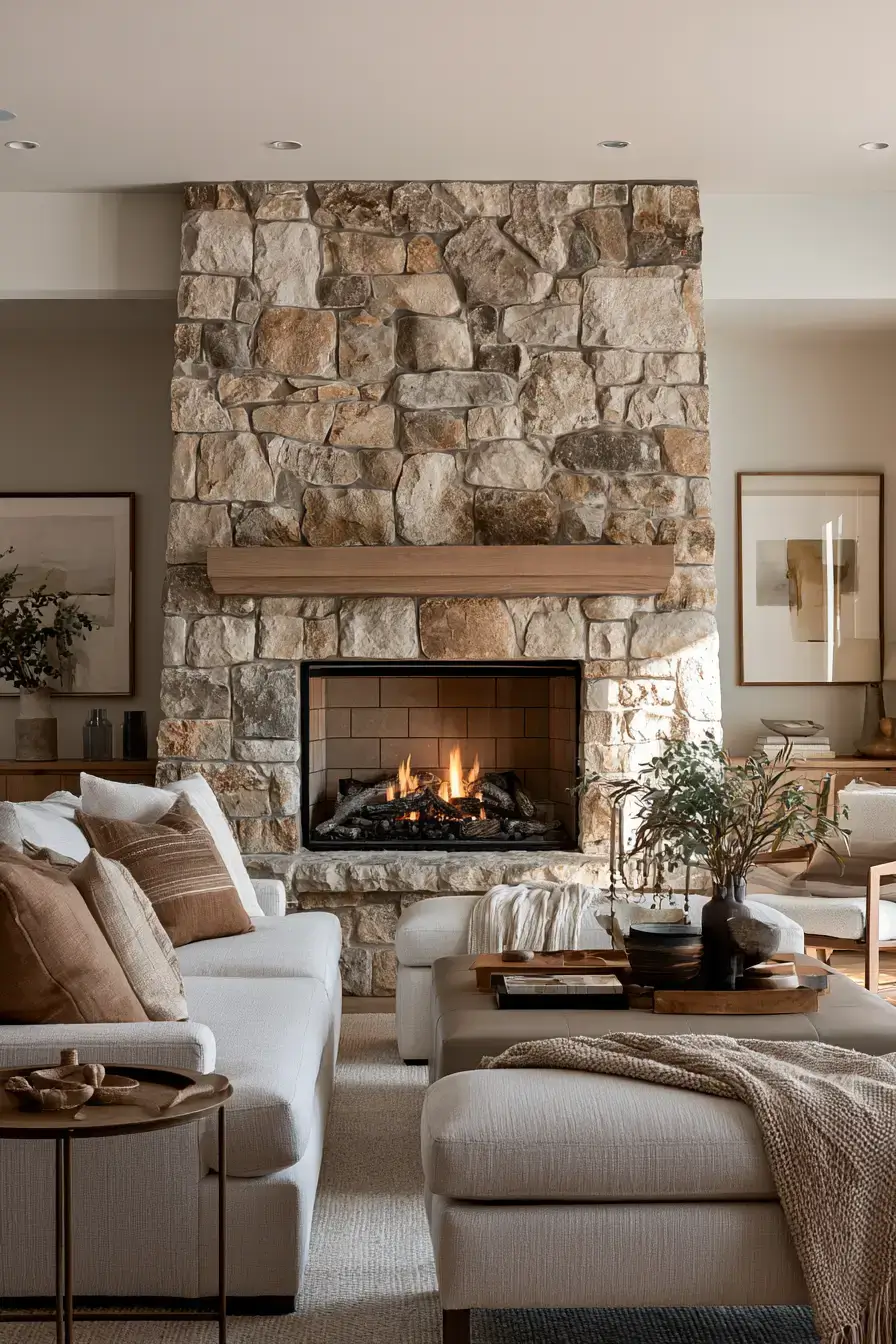 29 Rustic Stone Fireplace Ideas with a Stacked Fieldstone Surround