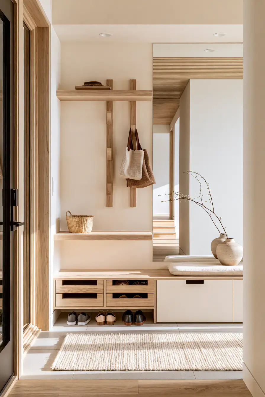 29 Japandi Entryway Ideas with a Wood Bench and Tray