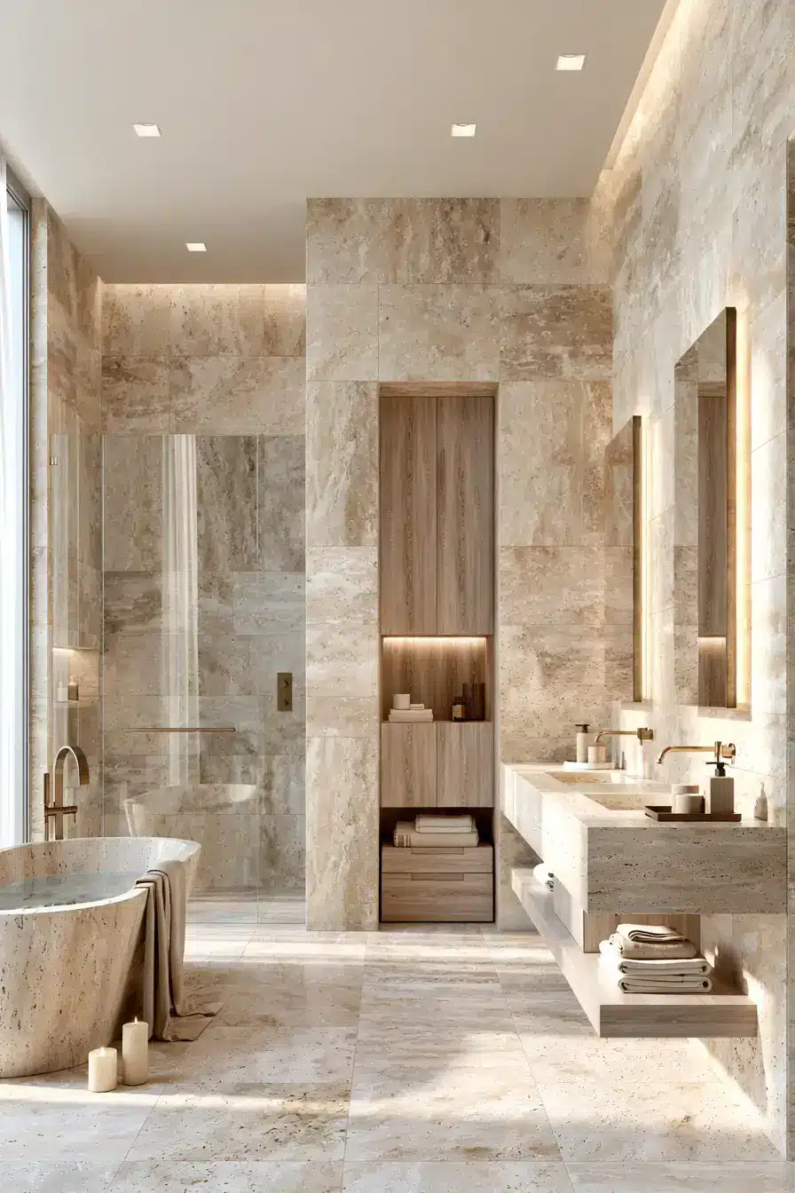 29 Natural Stone Bathroom Ideas with a Travertine Wall